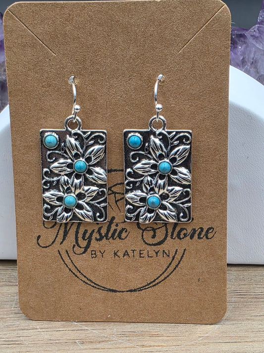 Antique Silver Rectangle Plumeria Floral Earrings, hypoallergenic