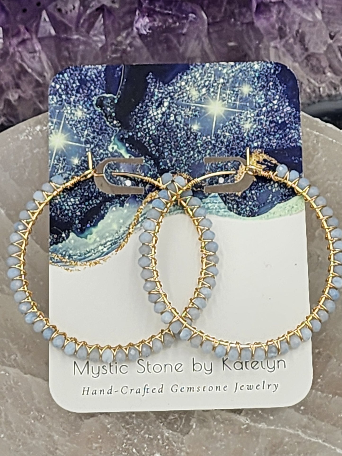 14k Gold-Filled Blue Opal 50mm Gemstone Hoop Earrings