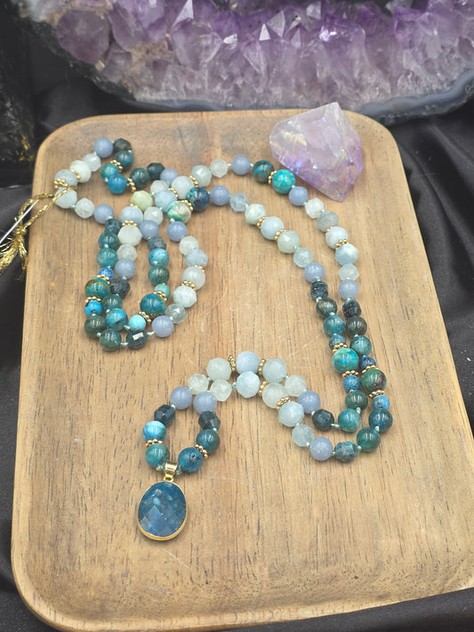 108 Bead Hand-Knotted Gemstone Mala Necklace - Aquamarine, Chrysocolla, Blue Apatite and Angelite