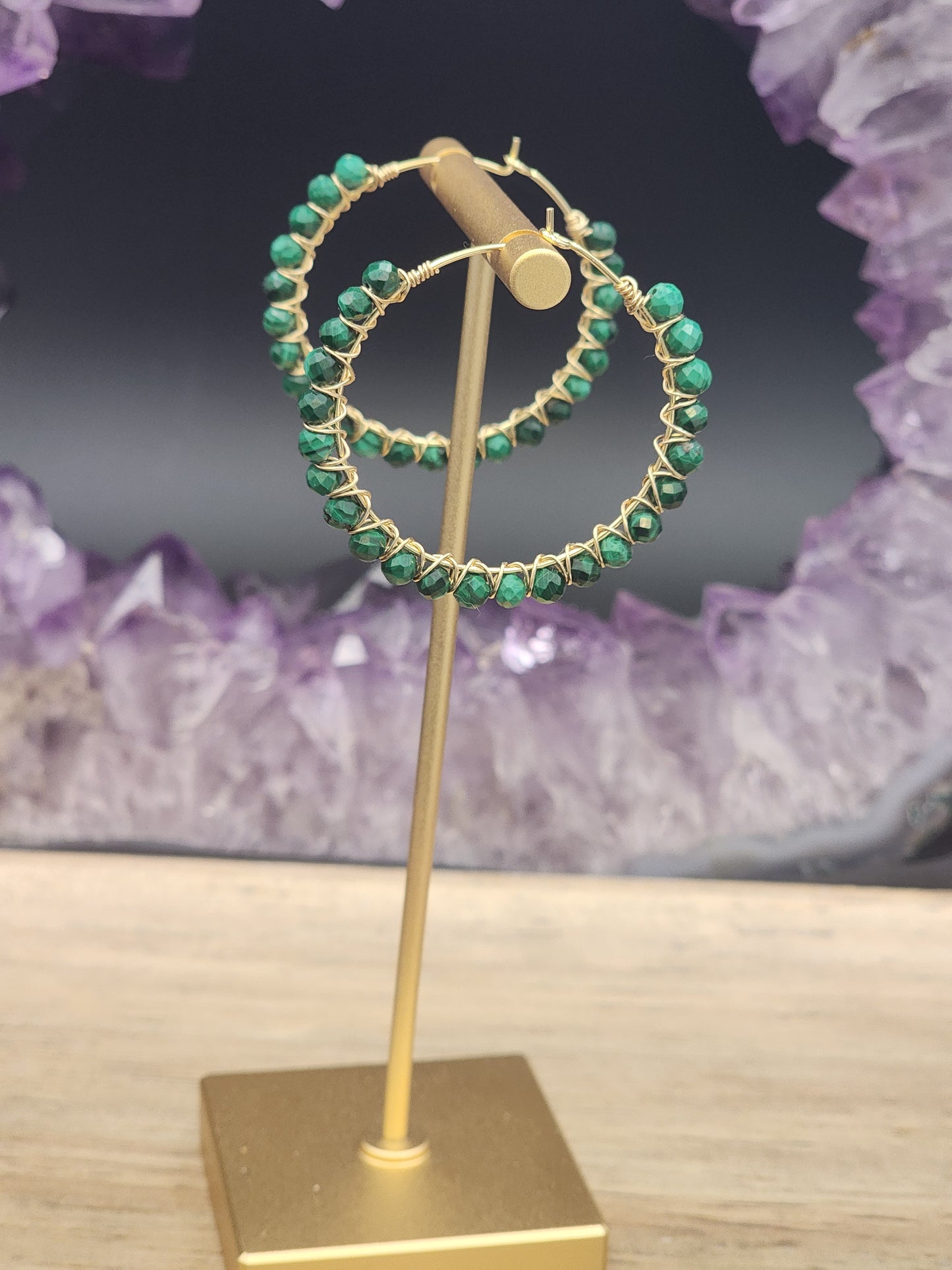 14k Gold-Filled Malachite Gemstone Hoop Earrings