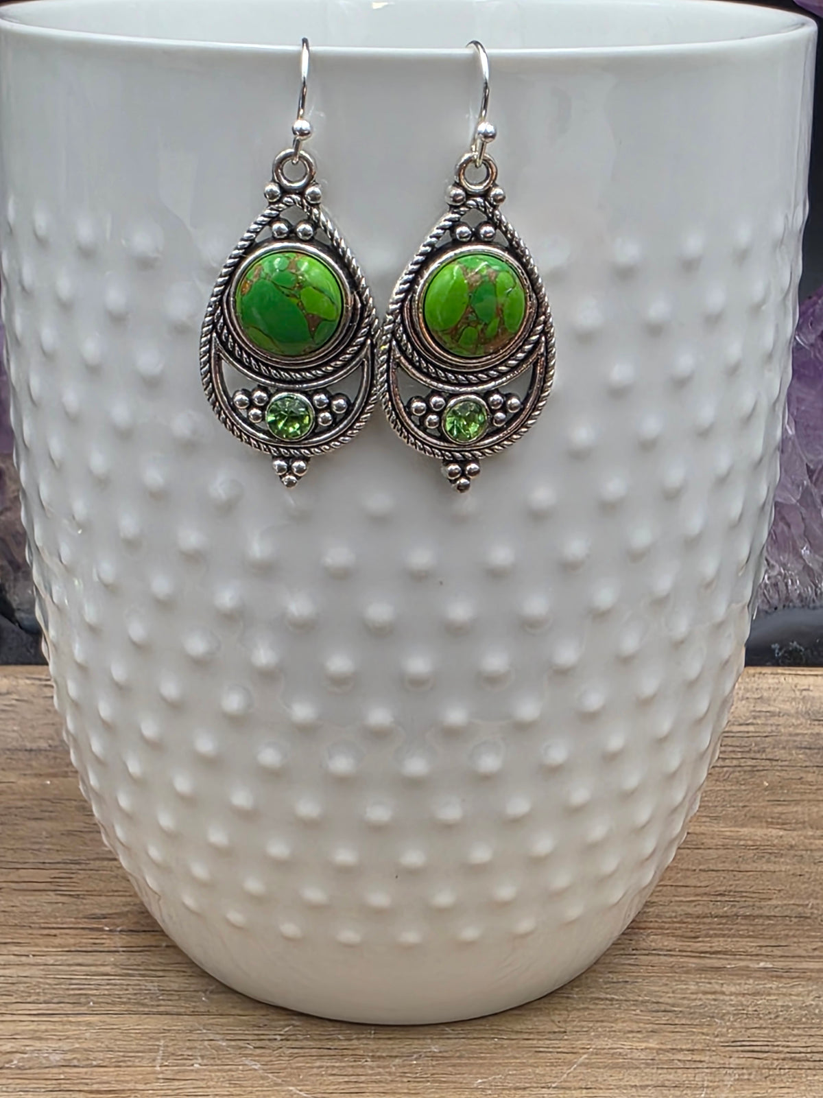 Antique Silver Bohemian Style Earrings with Dyed Blue, Purple or Green Howlite