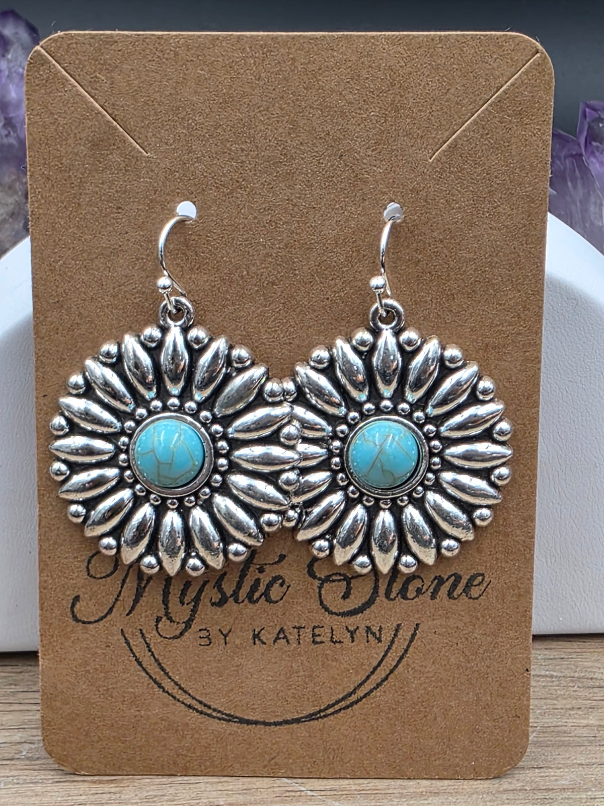 Antique Silver with Turquoise Howlite Sunflower Earrings
