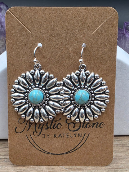 Antique Silver with Turquoise Howlite Sunflower Earrings
