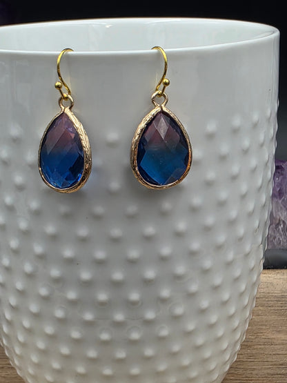 23x15mm Gold Plated Brass Faceted Glass Teardrop Earrings (Blue Amethyst)
