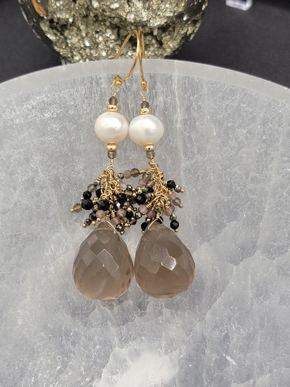 14K Gold-Filled Smokey Quartz, Black Spinel, Pearl, Black tourmaline, Pyrite & Chocolate Moonstone Earrings