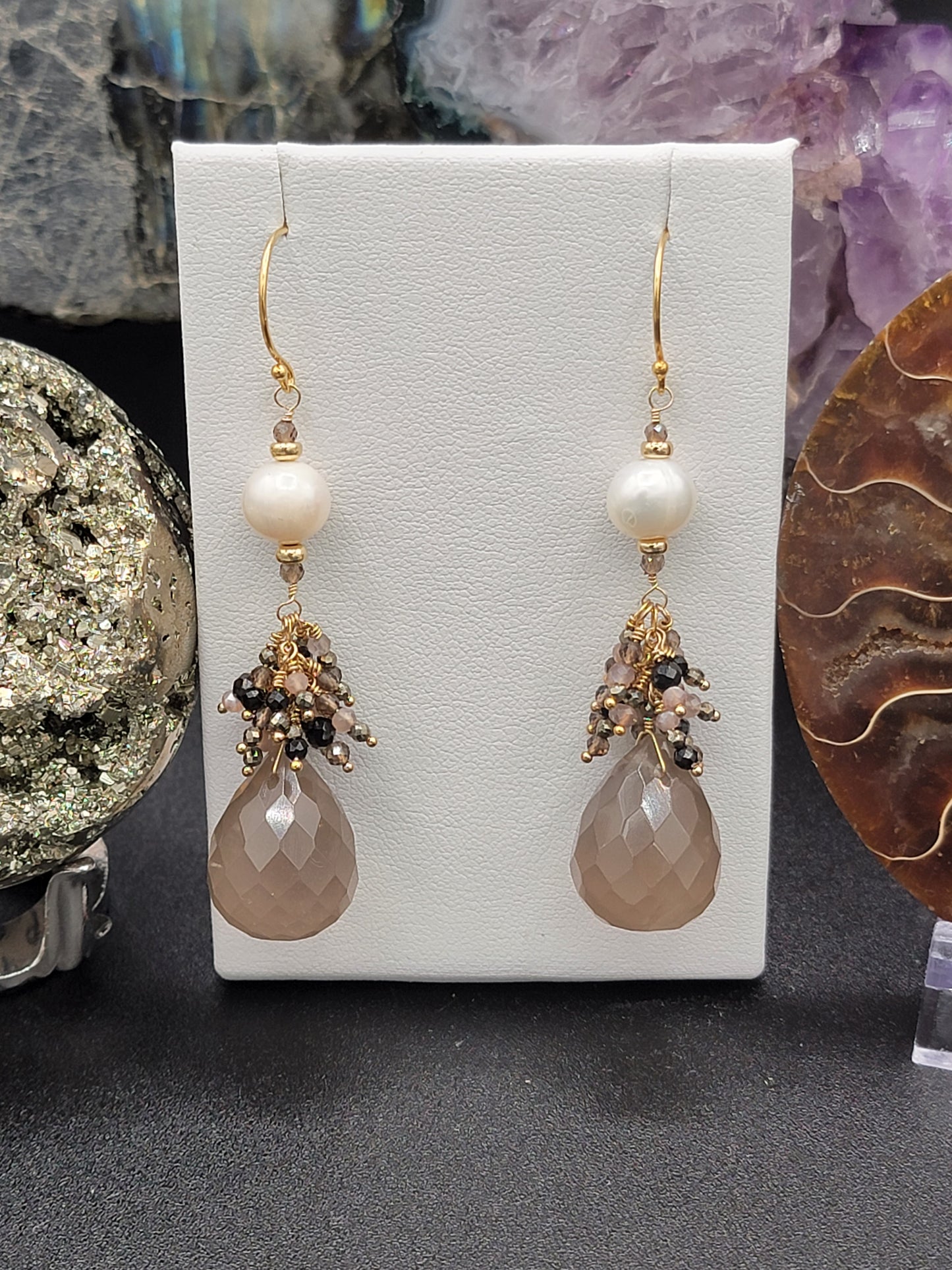 14K Gold-Filled Smokey Quartz, Black Spinel, Pearl, Black tourmaline, Pyrite & Chocolate Moonstone Earrings