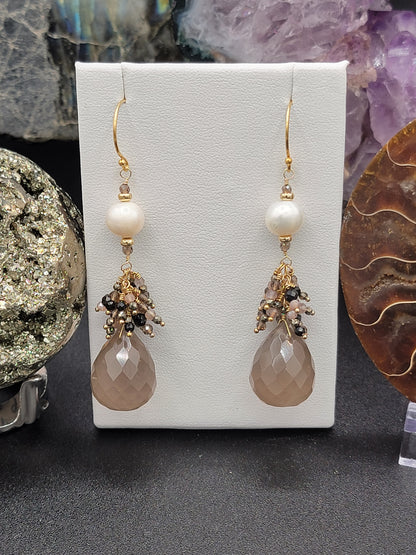 14K Gold-Filled Smokey Quartz, Black Spinel, Pearl, Black tourmaline, Pyrite & Chocolate Moonstone Earrings