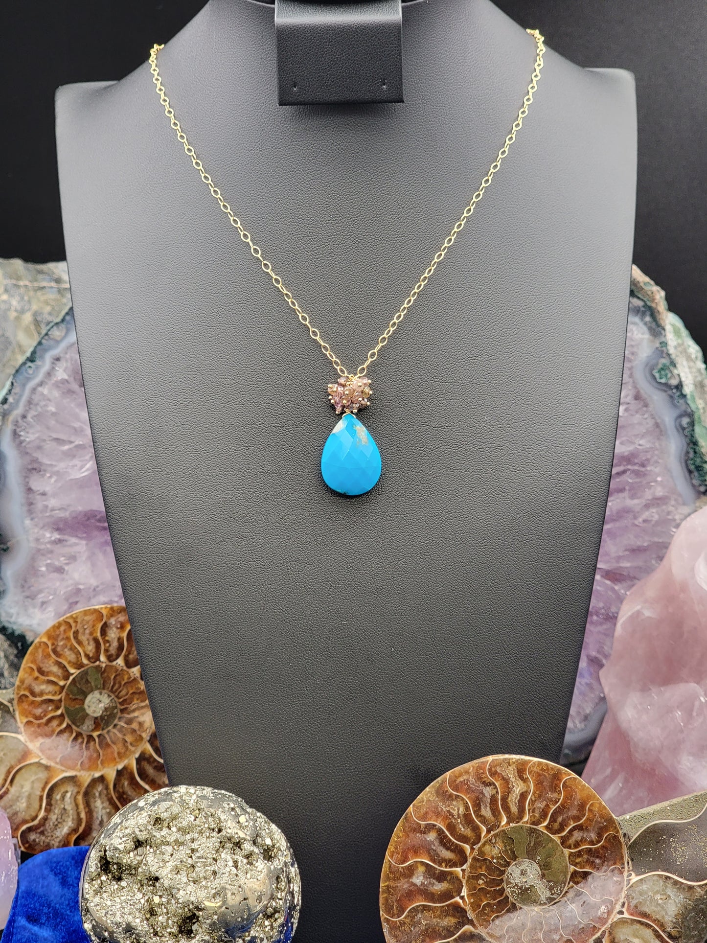 Sleeping Beauty Turquoise, "Tundra Sapphire" Garnet and 14k gold-fill or sterling silver necklace