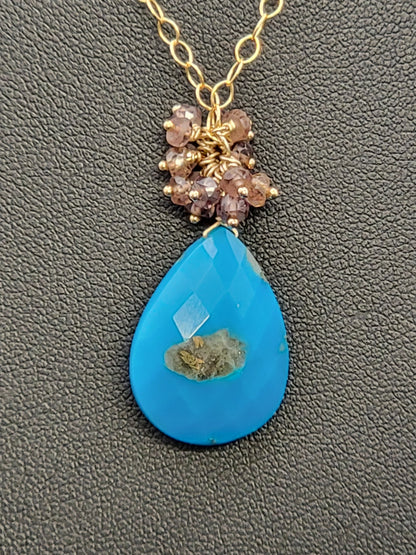 Sleeping Beauty Turquoise, "Tundra Sapphire" Garnet and 14k gold-fill or sterling silver necklace