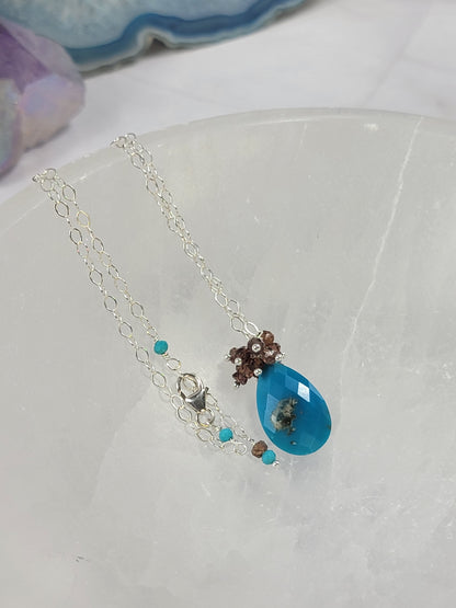 Sleeping Beauty Turquoise, "Tundra Sapphire" Garnet and 14k gold-fill or sterling silver necklace