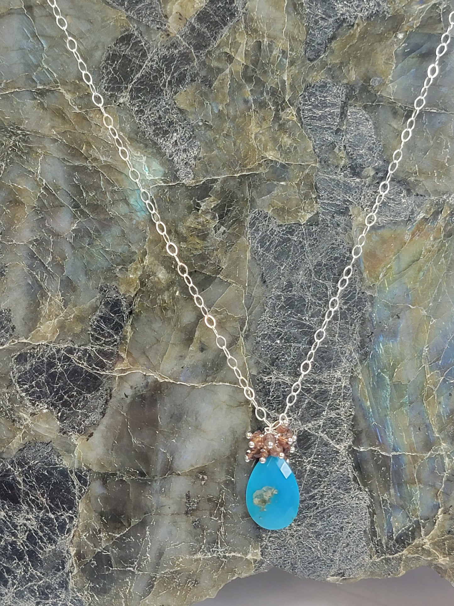 Sleeping Beauty Turquoise, "Tundra Sapphire" Garnet and 14k gold-fill or sterling silver necklace