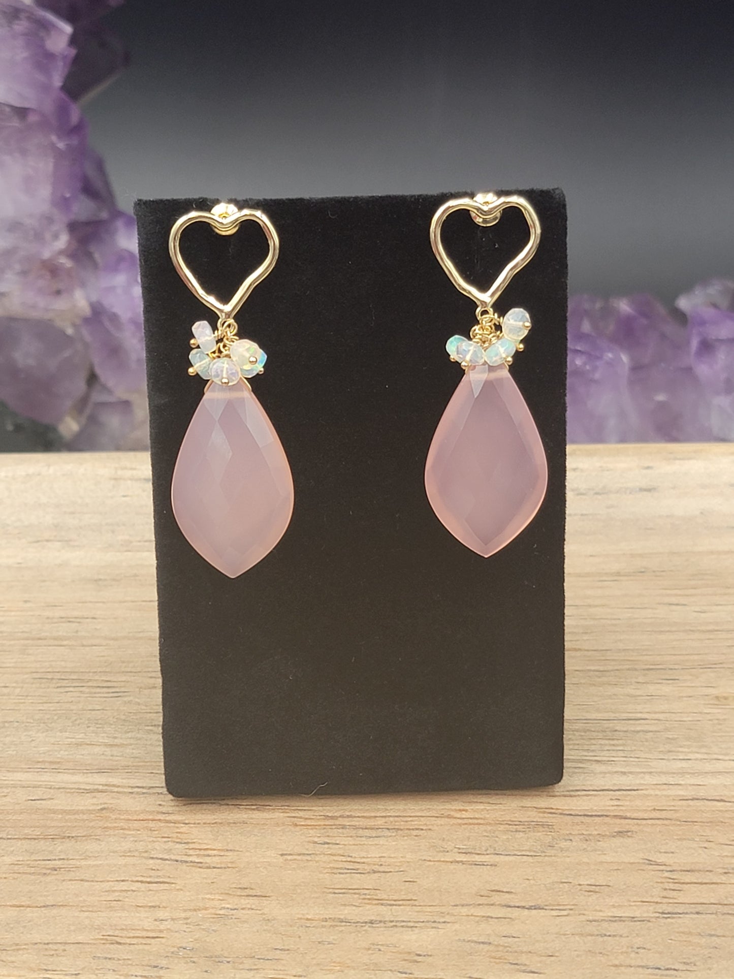 Pink Chalcedony & Ethiopian Opal 14k Gold-filled open heart drop earrings.