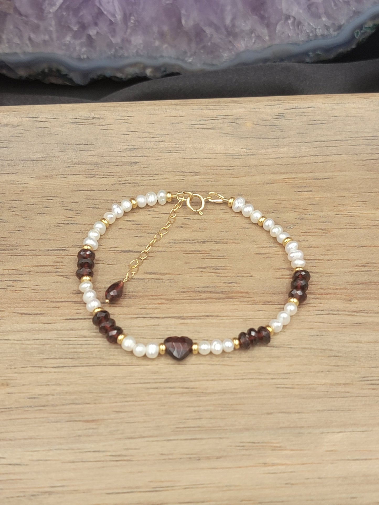 14k Gold-Filled Red Mozambique Garnet & White Freshwater Pearl Heart Bracelet