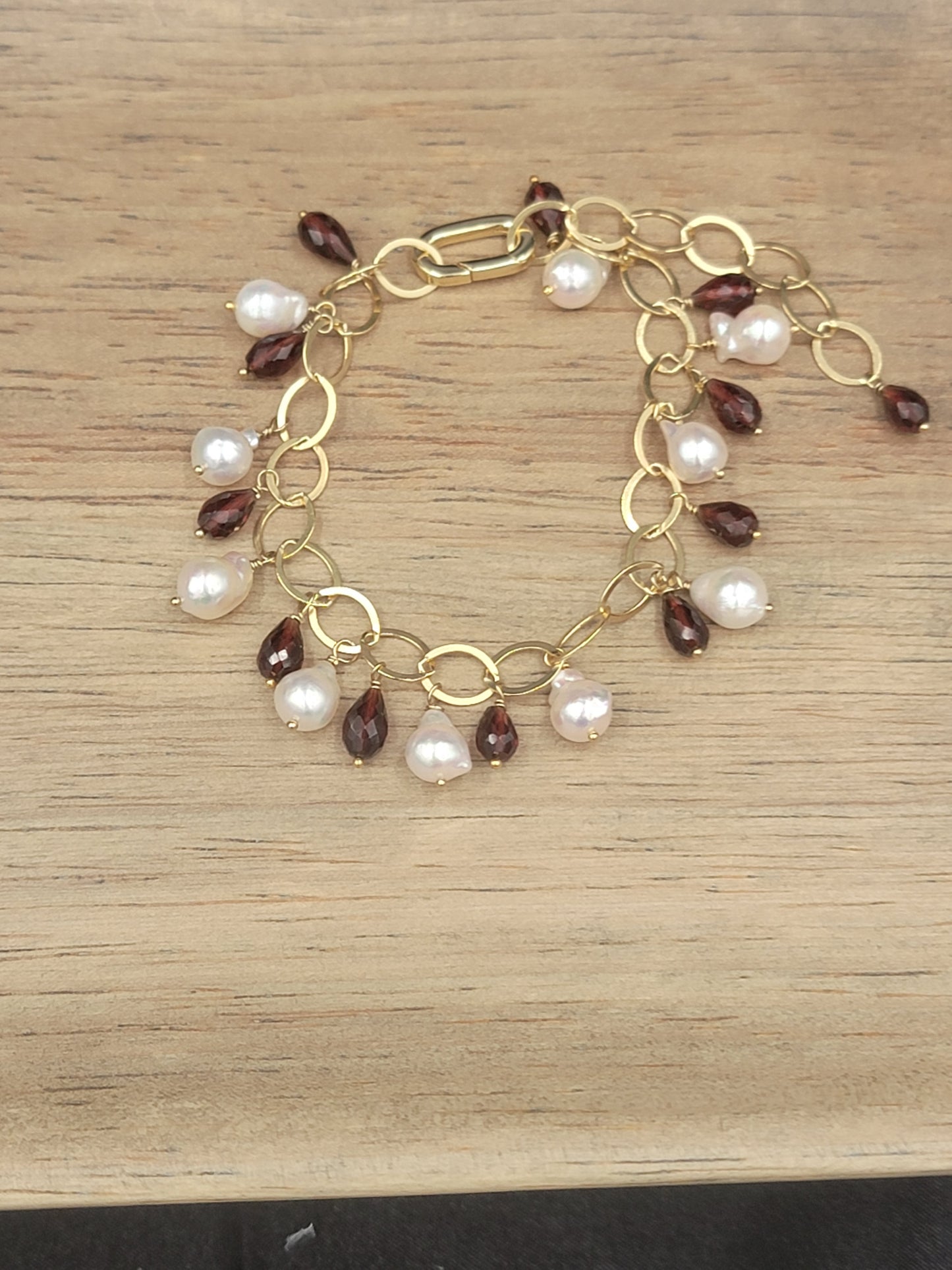 14k Gold-Filled Red Garnet & Baroque Japanese white Akoya Pearl Bracelet