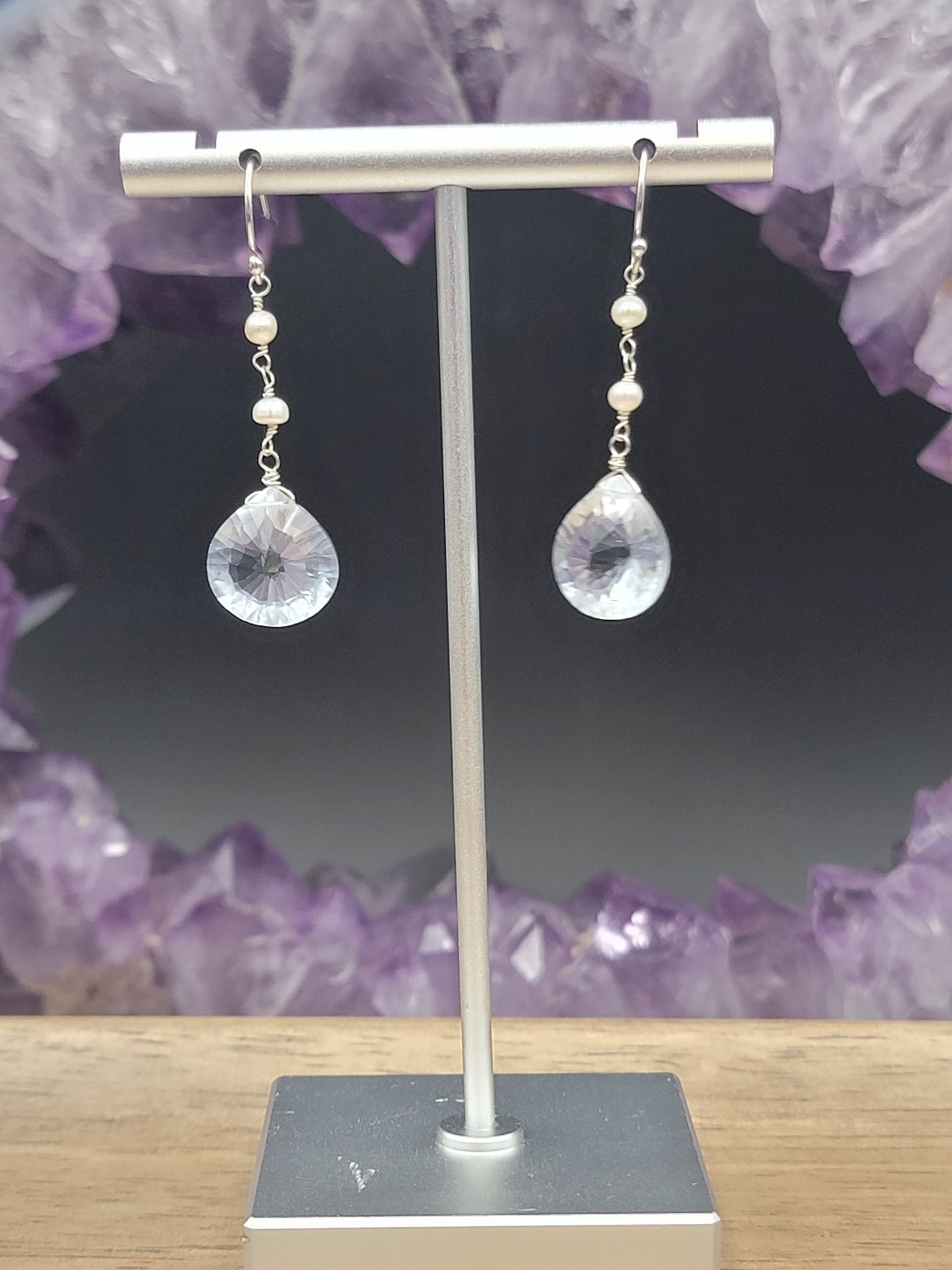 Ice Blue Crystal Quartz and Freshwater Pearl Earrings in Sterling Silver or 14k Gold-Filled