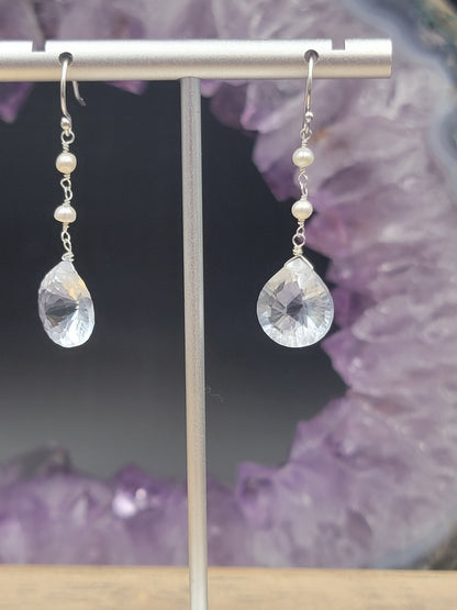 Ice Blue Crystal Quartz and Freshwater Pearl Earrings in Sterling Silver or 14k Gold-Filled