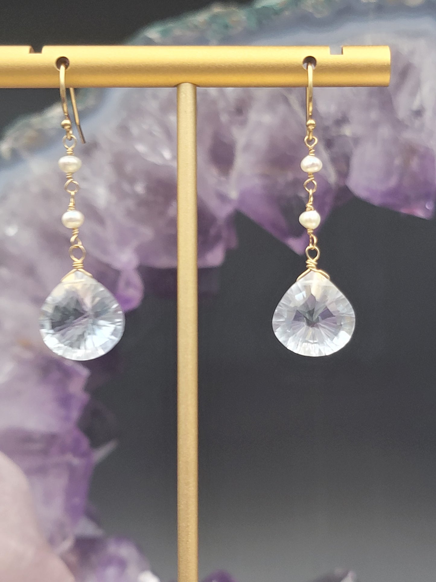 Ice Blue Crystal Quartz and Freshwater Pearl Earrings in Sterling Silver or 14k Gold-Filled