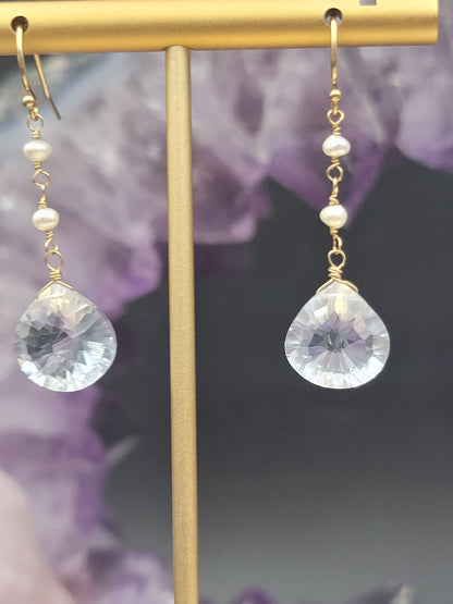 Ice Blue Crystal Quartz and Freshwater Pearl Earrings in Sterling Silver or 14k Gold-Filled