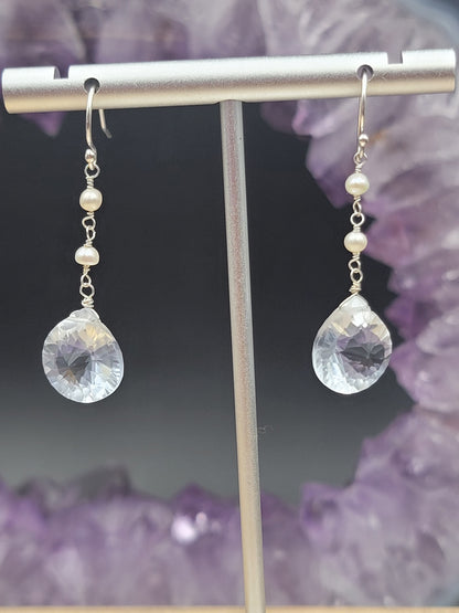 Ice Blue Crystal Quartz and Freshwater Pearl Earrings in Sterling Silver or 14k Gold-Filled