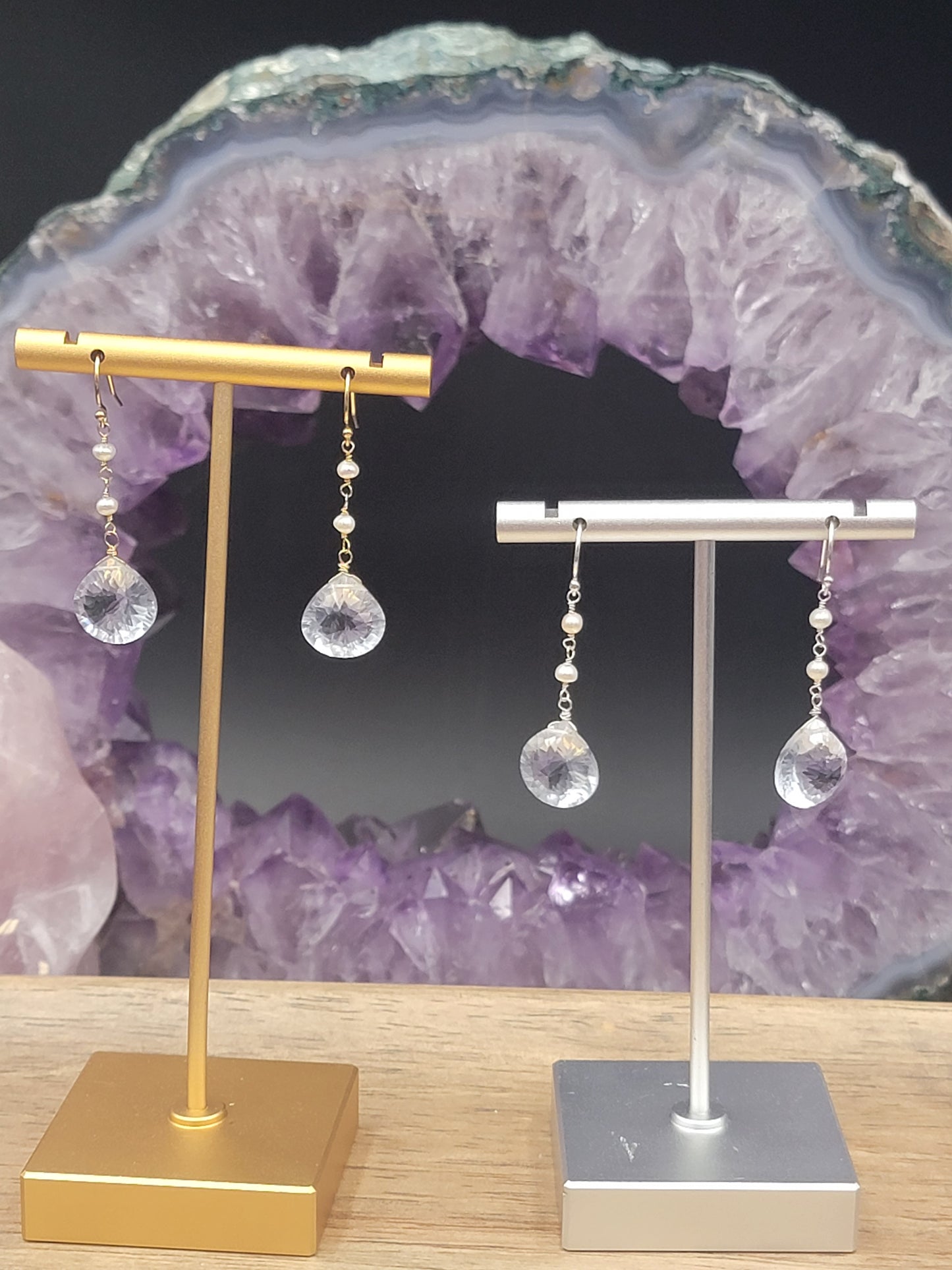 Ice Blue Crystal Quartz and Freshwater Pearl Earrings in Sterling Silver or 14k Gold-Filled