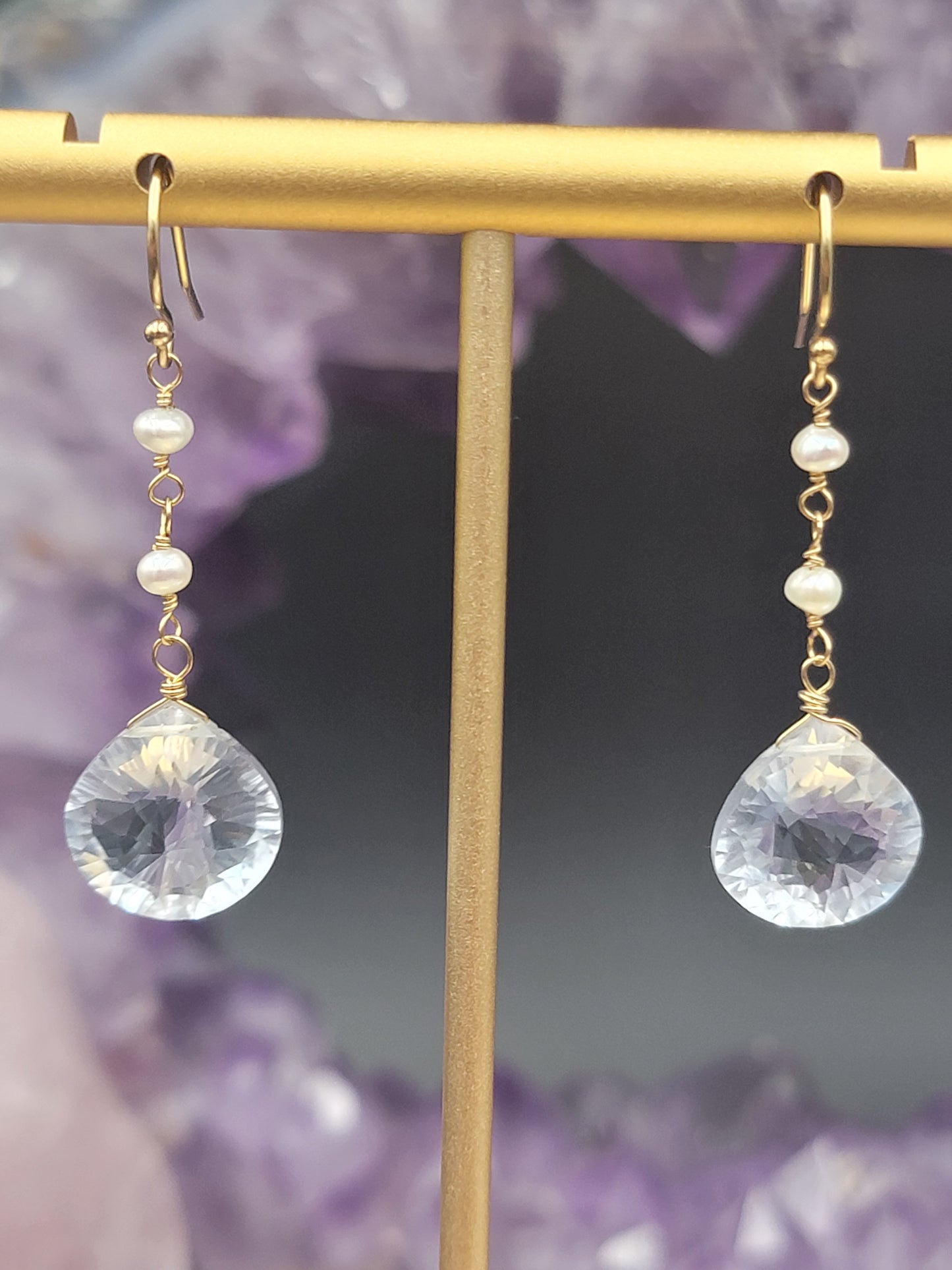 Ice Blue Crystal Quartz and Freshwater Pearl Earrings in Sterling Silver or 14k Gold-Filled