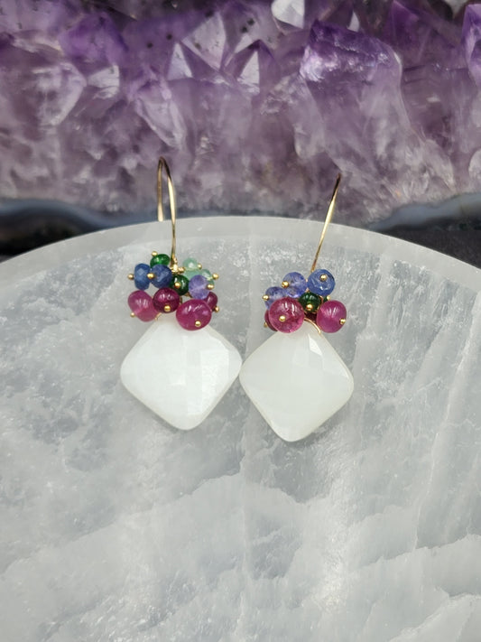 14k Gold-Filled White Moonstone, sapphire and tsavorite Garnet earrings