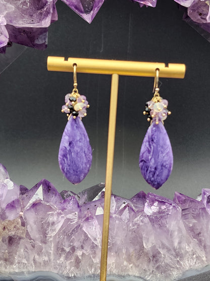 14K Gold-Filled Charoite, Black Tourmaline, Opal & Lavender Amethest Gemstone Earrings