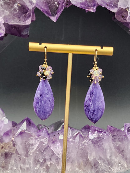 14K Gold-Filled Charoite, Black Tourmaline, Opal & Lavender Amethest Gemstone Earrings