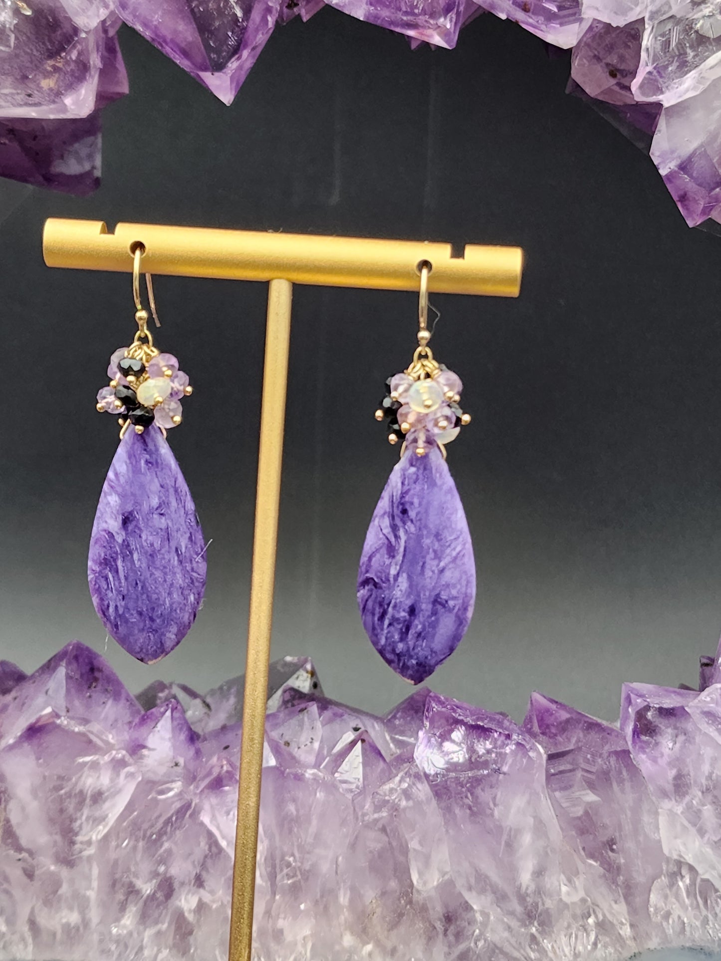 14K Gold-Filled Charoite, Black Tourmaline, Opal & Lavender Amethest Gemstone Earrings