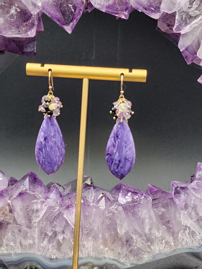 14K Gold-Filled Charoite, Black Tourmaline, Opal & Lavender Amethest Gemstone Earrings