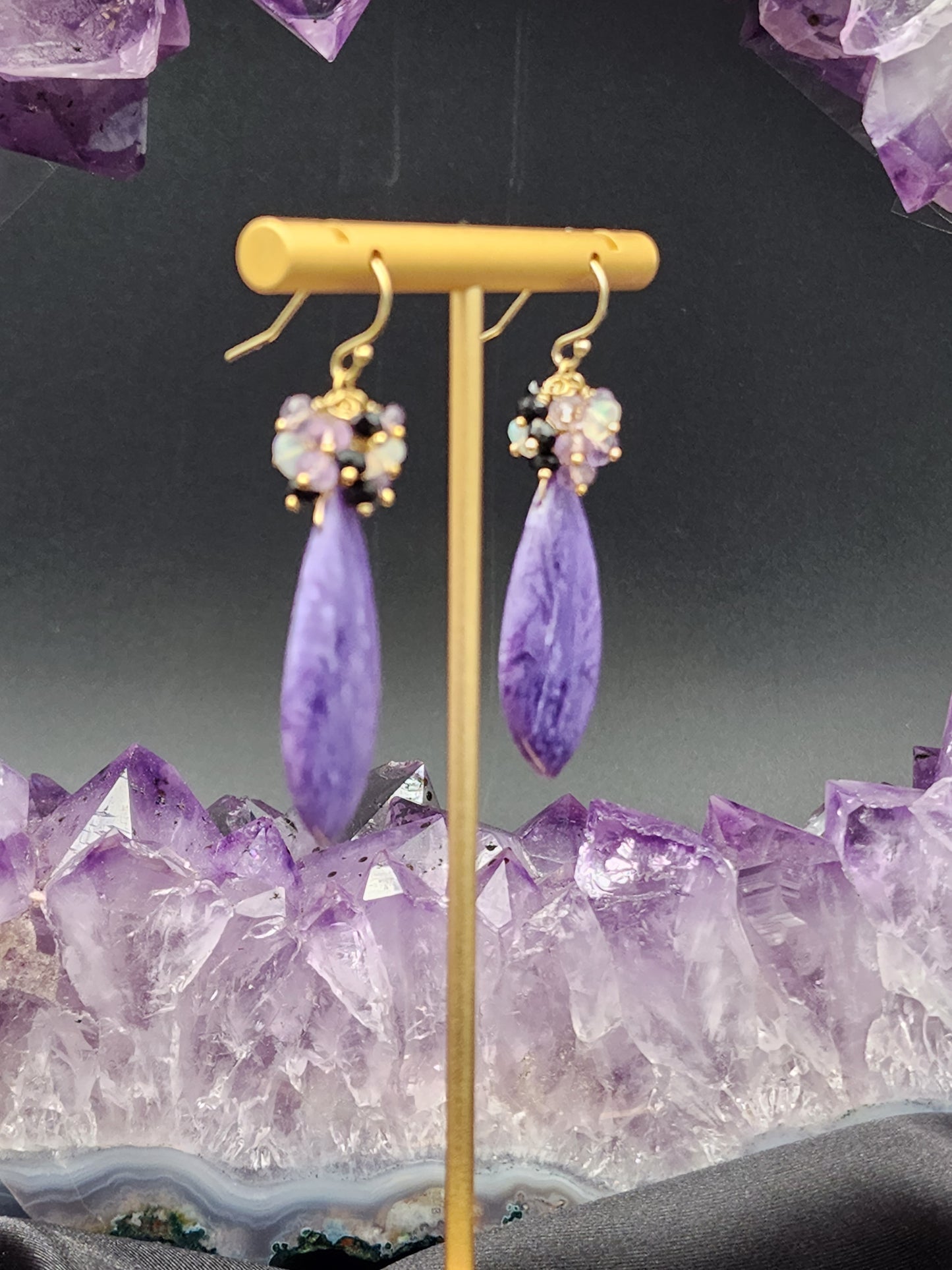 14K Gold-Filled Charoite, Black Tourmaline, Opal & Lavender Amethest Gemstone Earrings