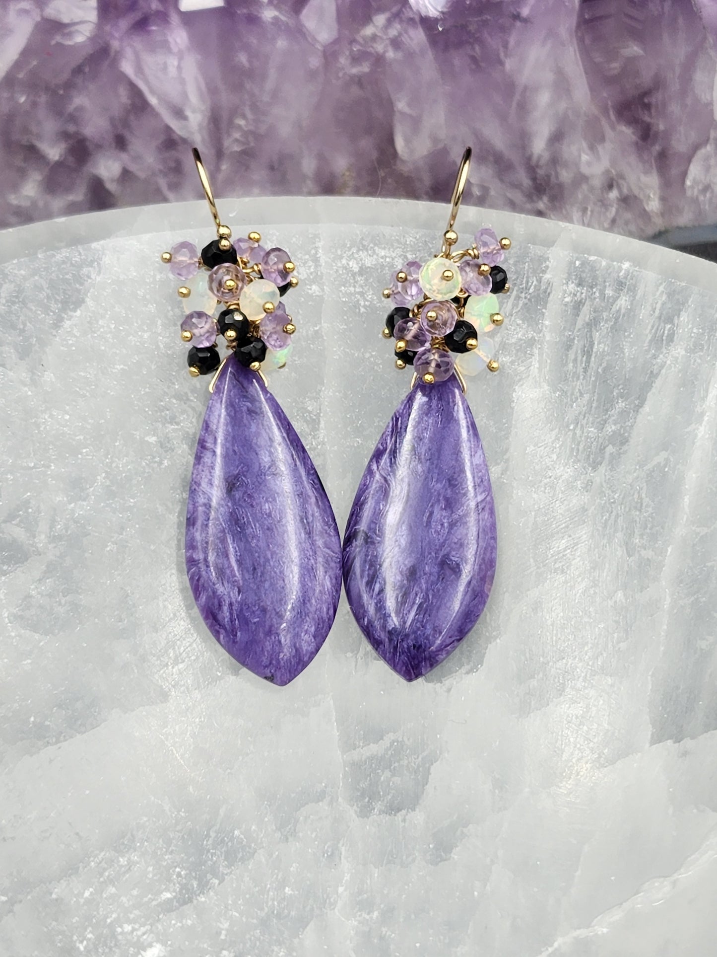 14K Gold-Filled Charoite, Black Tourmaline, Opal & Lavender Amethest Gemstone Earrings