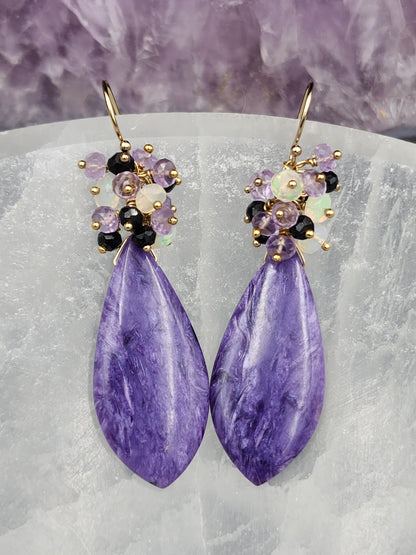 14K Gold-Filled Charoite, Black Tourmaline, Opal & Lavender Amethest Gemstone Earrings