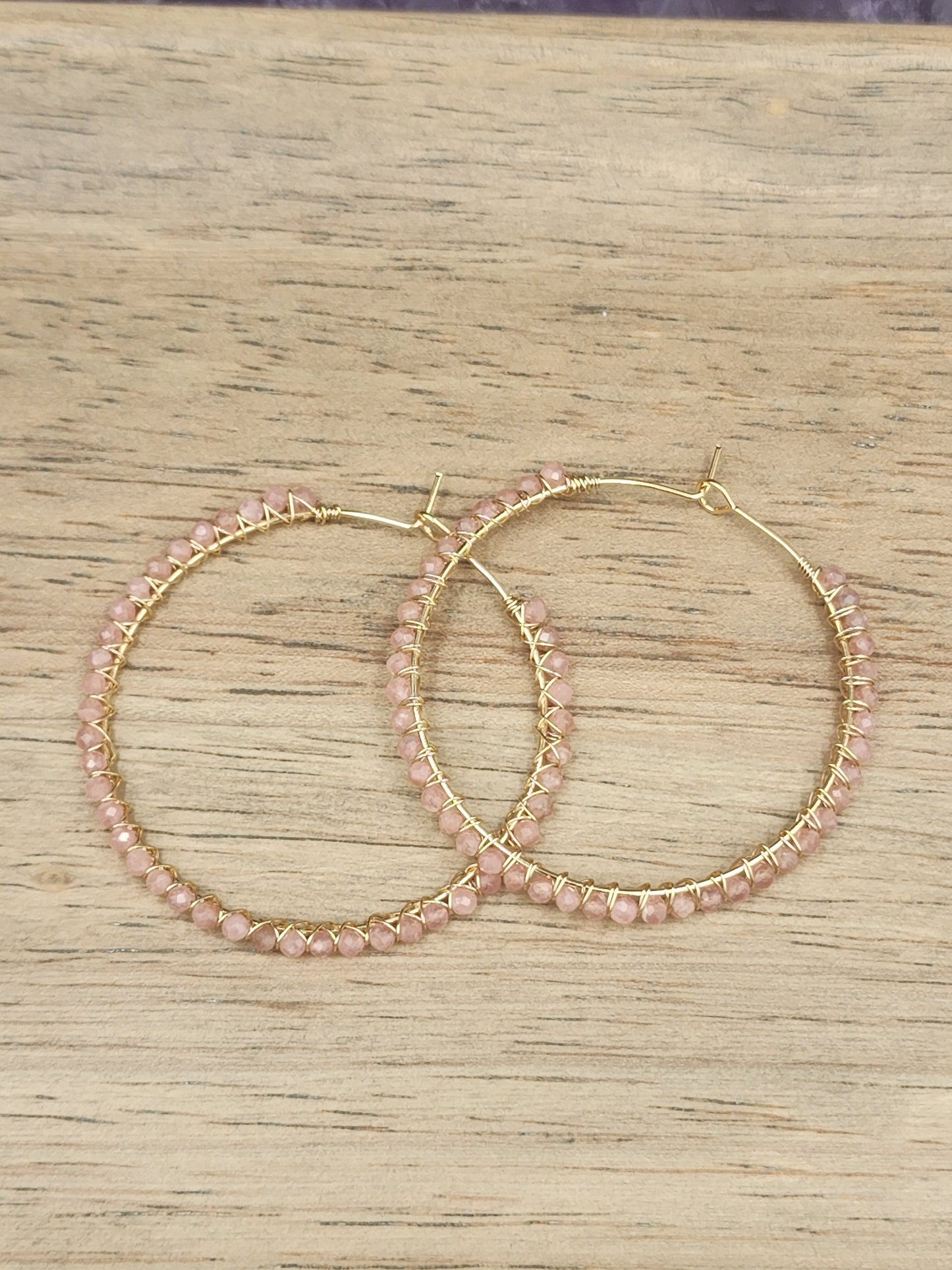 14k Gold Filled 50 mm Rhodochrosite Gemstone Hoop Earrings