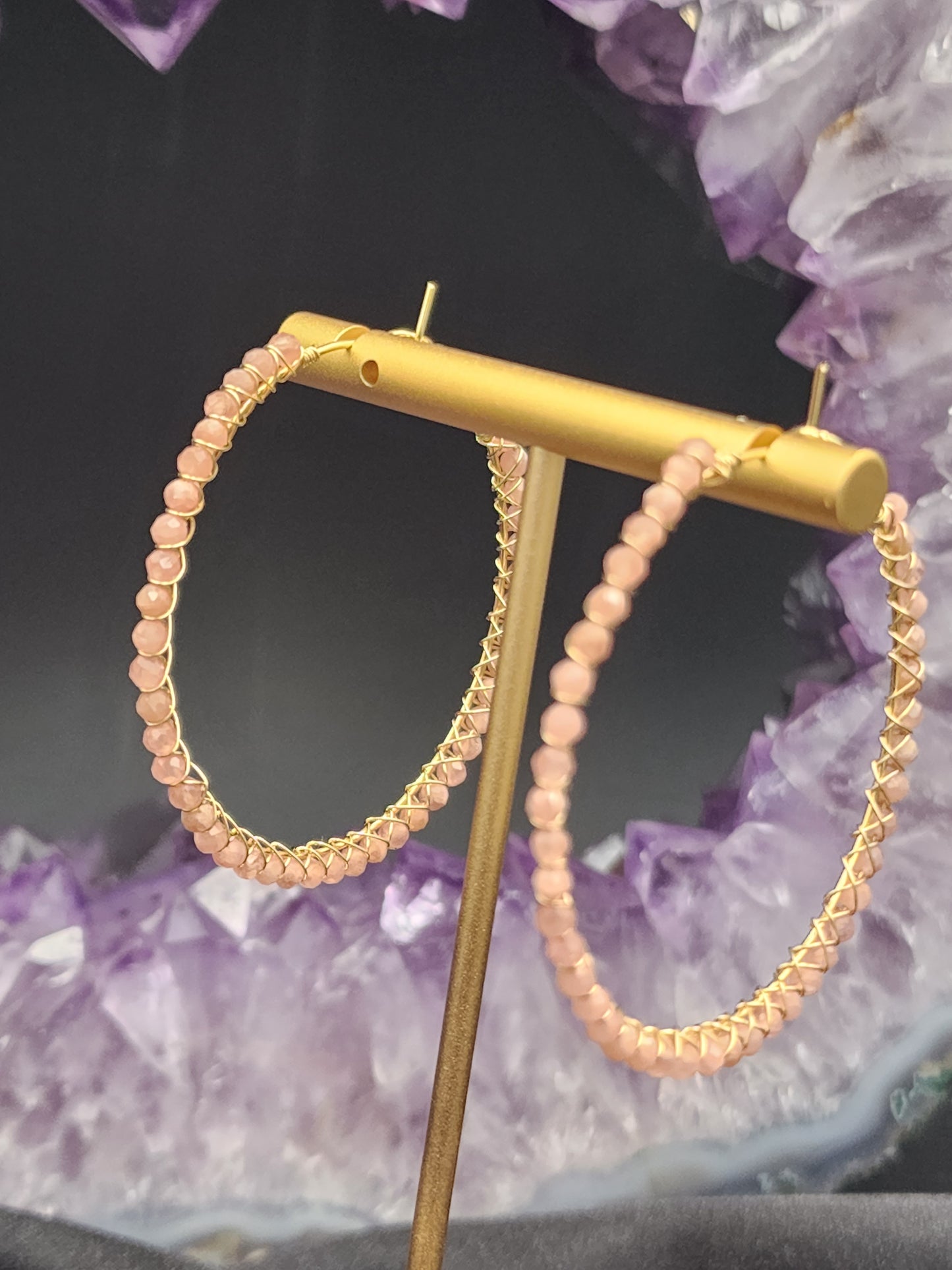 14k Gold Filled 50 mm Rhodochrosite Gemstone Hoop Earrings