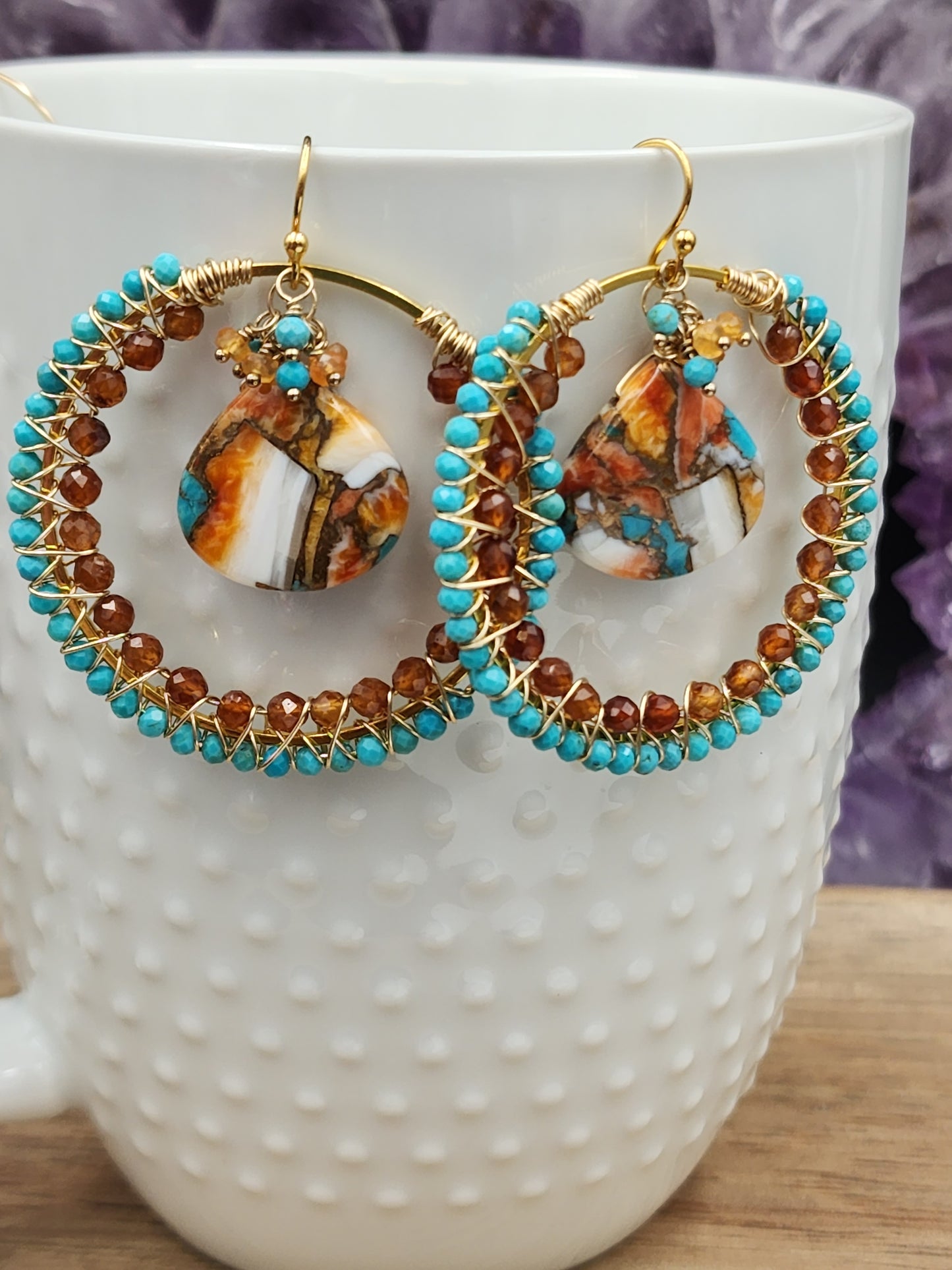 14k Gold-Filled Copper Spiney Oyster Turquoise, Sleeping Beauty Turquoise, Hessonite Garnet & Carnelian Earrings