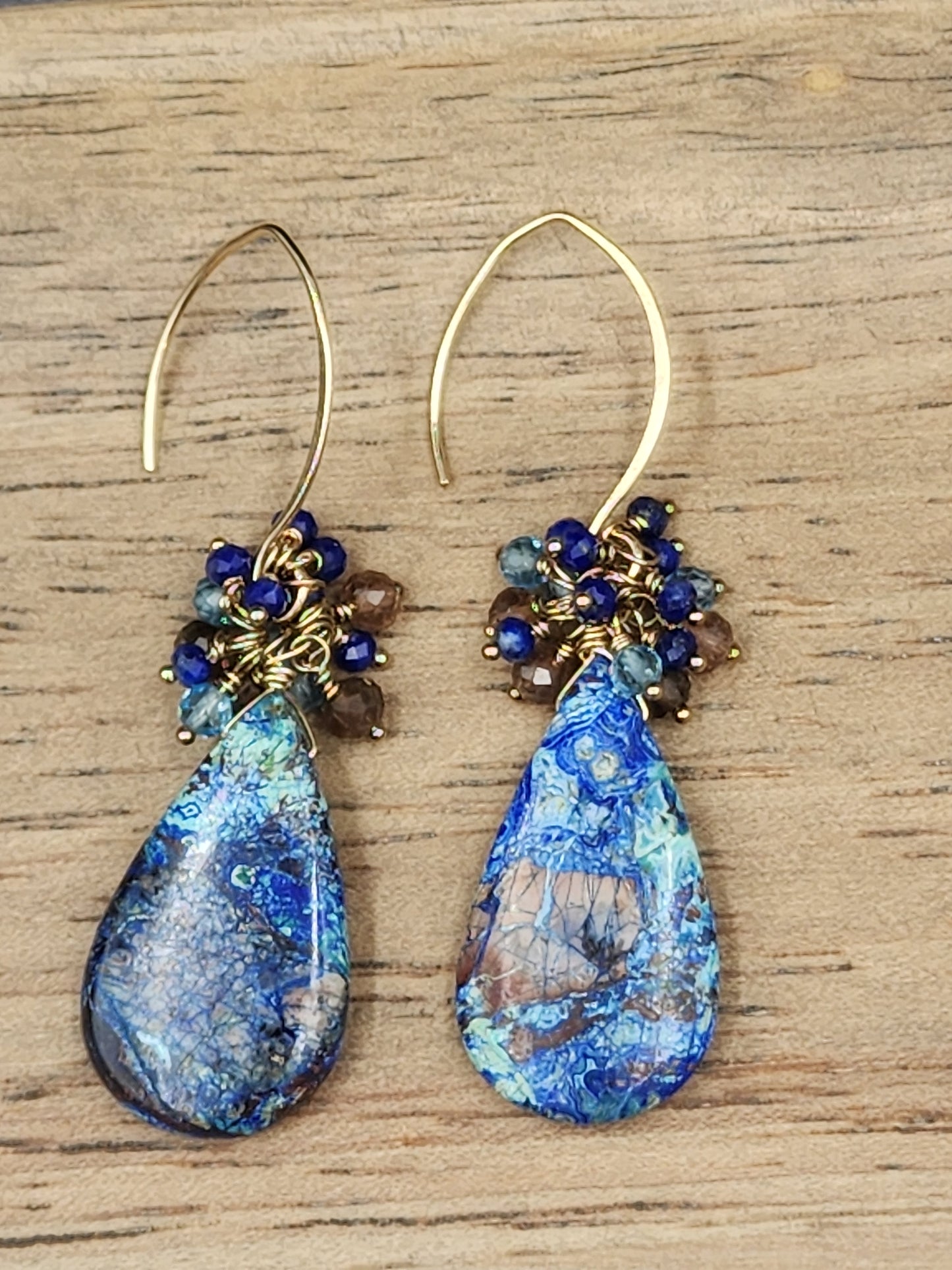 14k Gold-Filled Neon Azurite Malachite, Andalusite, Sweet Blue Topaz & Lapis Lazuli Gemstone Dangle earrings. One-of-a-kind earrings