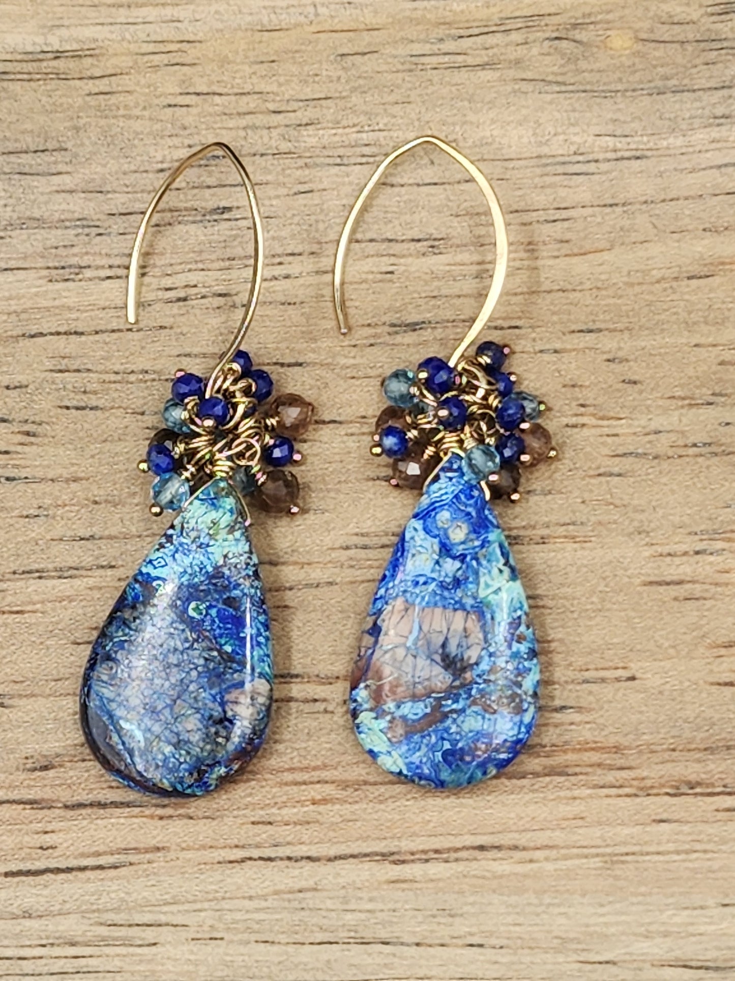 14k Gold-Filled Neon Azurite Malachite, Andalusite, Sweet Blue Topaz & Lapis Lazuli Gemstone Dangle earrings. One-of-a-kind earrings