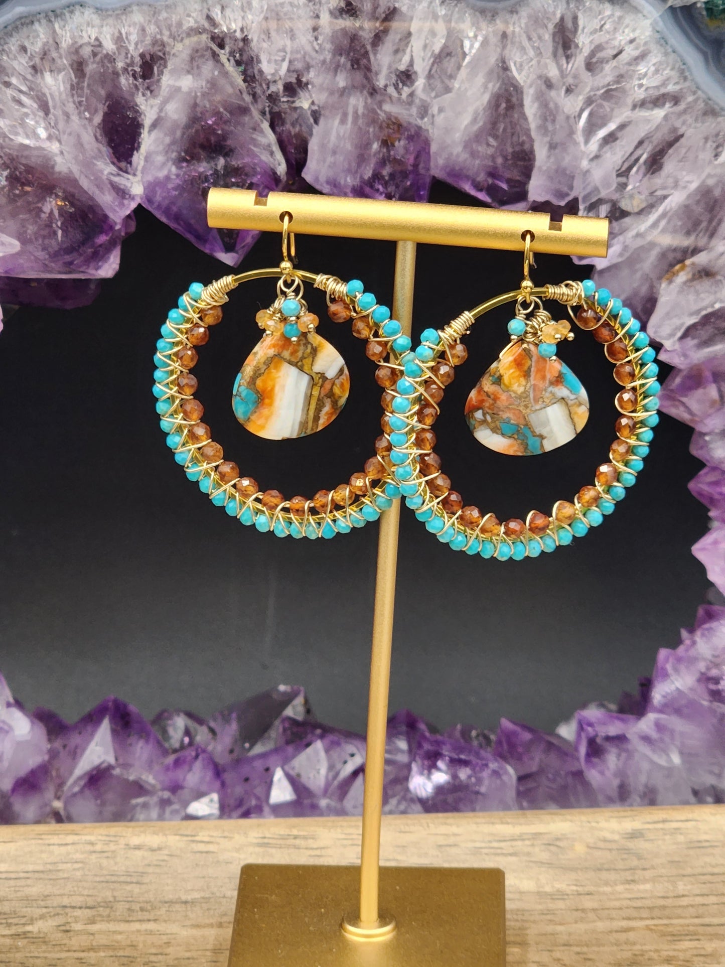 14k Gold-Filled Copper Spiney Oyster Turquoise, Sleeping Beauty Turquoise, Hessonite Garnet & Carnelian Earrings