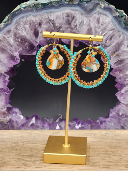 14k Gold-Filled Copper Spiney Oyster Turquoise, Sleeping Beauty Turquoise, Hessonite Garnet & Carnelian Earrings