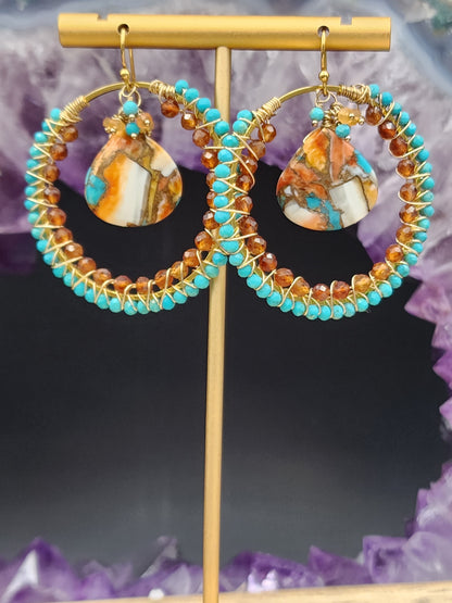 14k Gold-Filled Copper Spiney Oyster Turquoise, Sleeping Beauty Turquoise, Hessonite Garnet & Carnelian Earrings