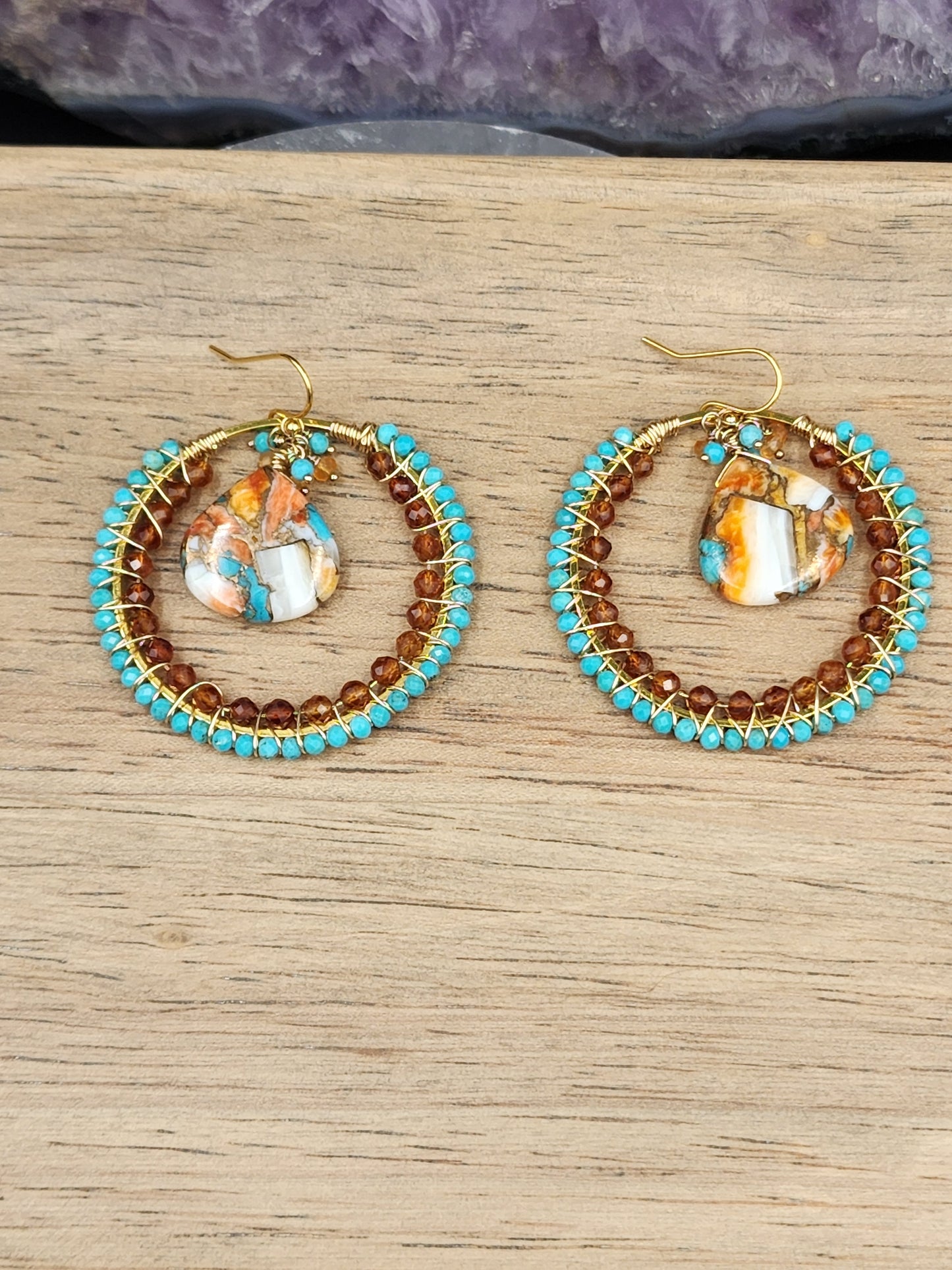 14k Gold-Filled Copper Spiney Oyster Turquoise, Sleeping Beauty Turquoise, Hessonite Garnet & Carnelian Earrings