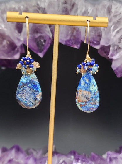 14k Gold-Filled Neon Azurite Malachite, Andalusite, Sweet Blue Topaz & Lapis Lazuli Gemstone Dangle earrings. One-of-a-kind earrings