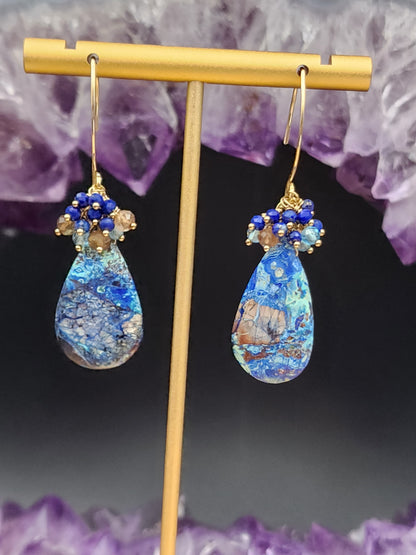 14k Gold-Filled Neon Azurite Malachite, Andalusite, Sweet Blue Topaz & Lapis Lazuli Gemstone Dangle earrings. One-of-a-kind earrings