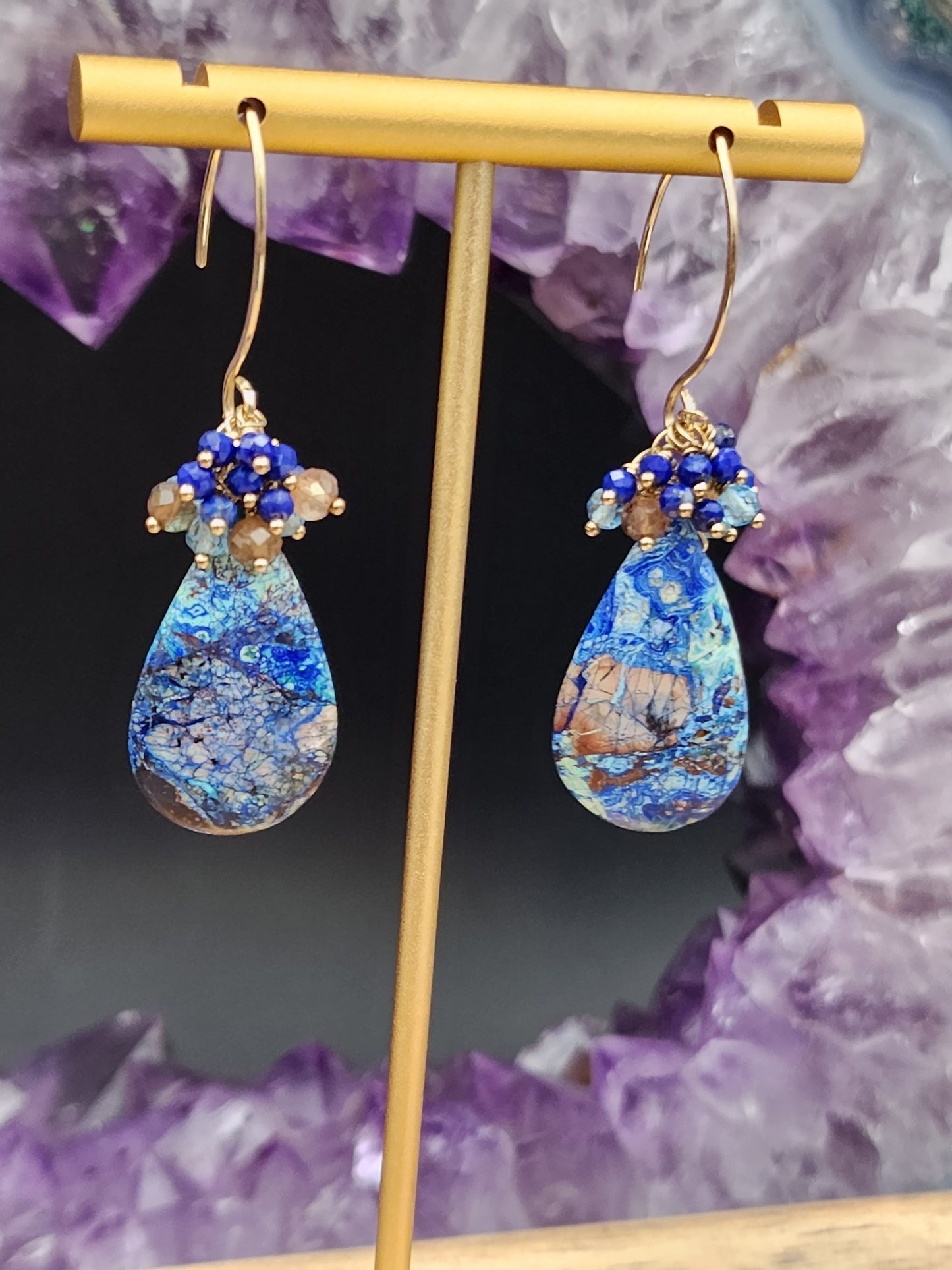 14k Gold-Filled Neon Azurite Malachite, Andalusite, Sweet Blue Topaz & Lapis Lazuli Gemstone Dangle earrings. One-of-a-kind earrings