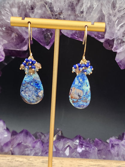 14k Gold-Filled Neon Azurite Malachite, Andalusite, Sweet Blue Topaz & Lapis Lazuli Gemstone Dangle earrings. One-of-a-kind earrings