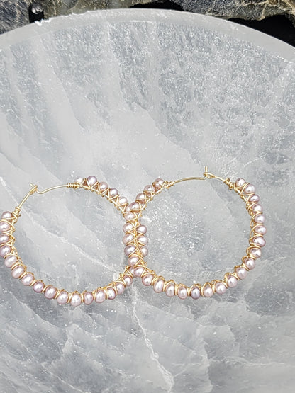 14k Gold Filled Mauve Freshwater Pearl Hoop Earrings