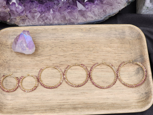 14k Gold Filled Pink Tourmaline Gemstone Hoop Earrings. 4 hoop sizes