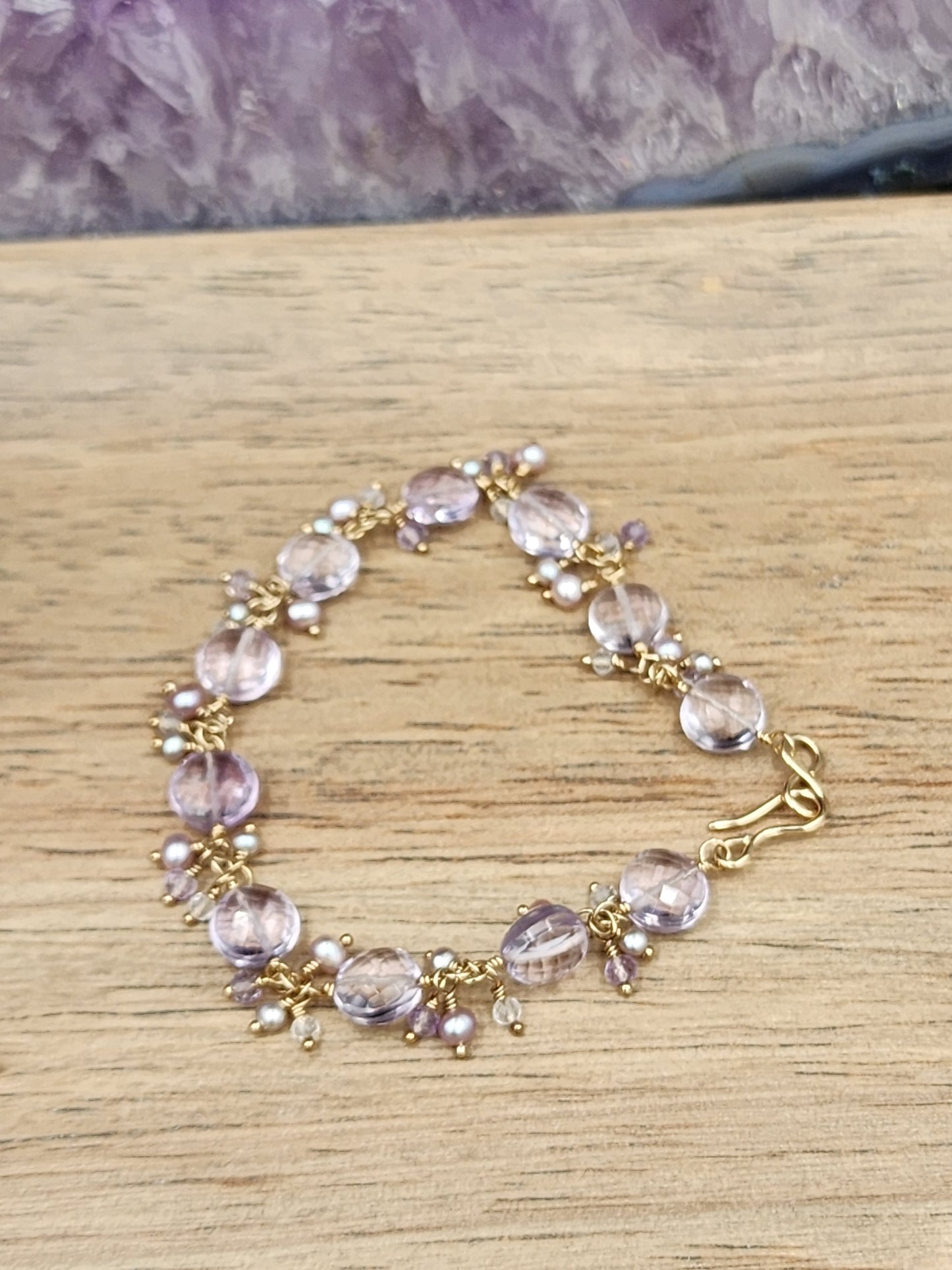 14k Gold-filled Pink Amethyst Coin link Bracelet, featuring Mauve and Silver freshwater pearls, lavender Amethyst, & Rose Quartz Gemstones