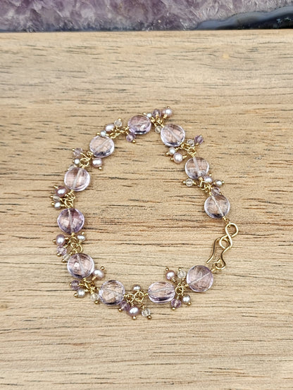 14k Gold-filled Pink Amethyst Coin link Bracelet, featuring Mauve and Silver freshwater pearls, lavender Amethyst, & Rose Quartz Gemstones